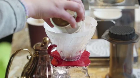 Professional barista, working at the bar. Making coffee with filter coffee Stock Footage 81223594