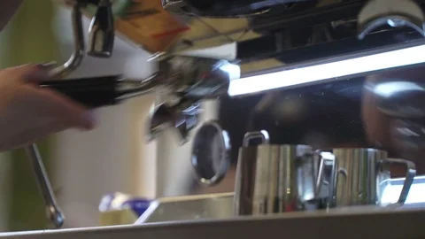 Professional barista, working at the bar. Making coffee in the coffee machine Stock Footage 82441385