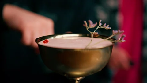 A professional bartender decorates a freshly prepared cocktail with flowers at Stock Footage 240451753