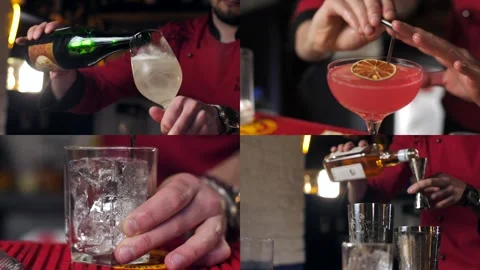 A professional bartender prepares an alcoholic cocktail with ice cubes for Stock Footage 241701938