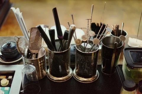 Professional Bartender Tools for Making Cocktails on Bar Counter Фото
