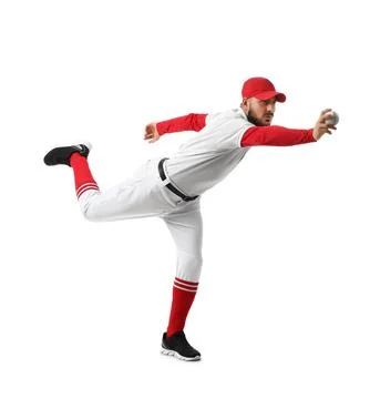 Professional baseball player pitching action shot, athletic performance and s Stock Photos