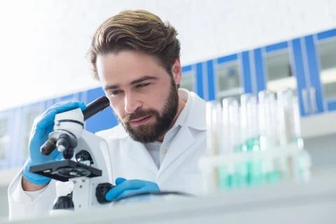Professional bearded scientist looking into the microscope Stock Photos