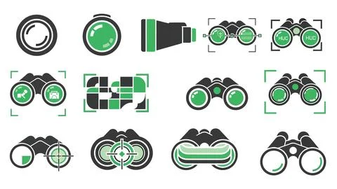 Professional binoculars and camera lens icons for scouting and tracking app.. 스톡 일러스트
