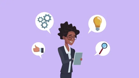 Professional black woman using tablet with animated business icons on purpl.. 库存影片 339059538