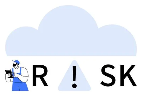 Professional in blue overalls using tablet, large cloud symbol, triangle with 스톡 일러스트