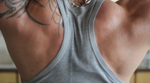Professional bodybuilder is working back muscle. Close shoot. Stock Footage 37176439