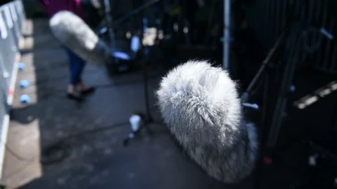 Professional boom microphone on a television set Stock Footage 91574501