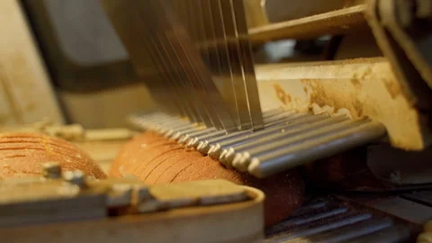 Professional bread cutting mechanism inside long loaf slicer on factory Stock Footage 250267391