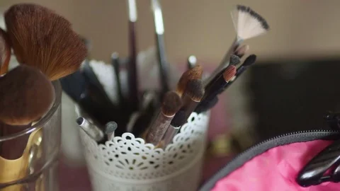 Professional Brushes For Makeup During Wedding Stock Footage 73215698