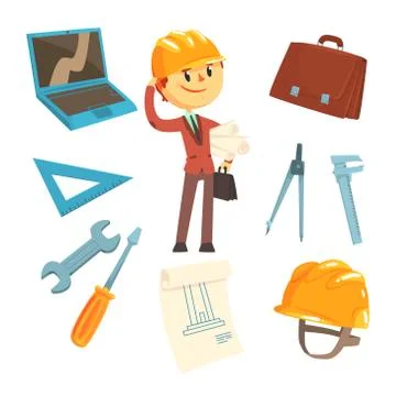 Professional Builder And Architect And His Tools, Man And His Profession Stock Illustration
