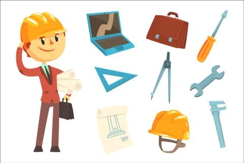 Professional Builder And Architect And His Tools, Man And His Profession Ilustração Stock