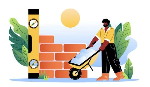 Professional builder with bricks. Man with cart near brickwall. Construction and Stock Illustration