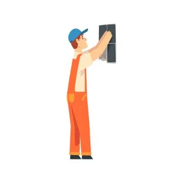 Professional Builder Installing Ceramic Tiles on Wall, Male Construction Worker Illustrazione stock