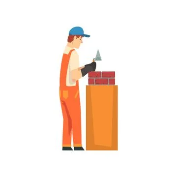Professional Builder Laying Bricks in Wall, Male Construction Worker Character Stock Illustration