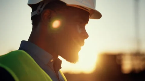 Professional builder or engineer, closeup portrait of face, african american man Stock Footage 318342902