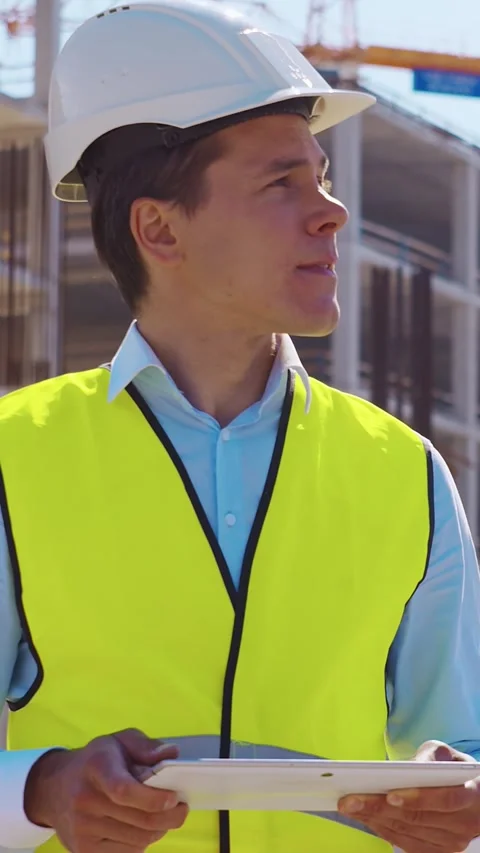 Professional builder standing in front of construction site. Foreman in hardhat Stock Footage 307692892
