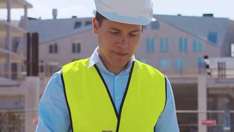 Professional builder standing in front of construction site. Foreman in hardhat Stock Footage 307937938