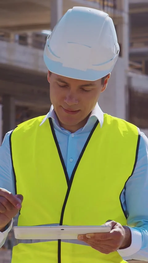 Professional builder standing in front of construction site. Foreman in hardhat Stock Footage 308161596