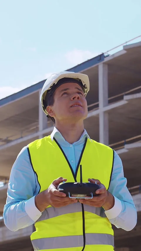 Professional builder standing in front of construction site. Foreman in hardhat Stock Footage 308480398