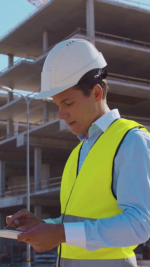 Professional builder standing in front of construction site. Foreman in hardhat Stock Footage 308936126