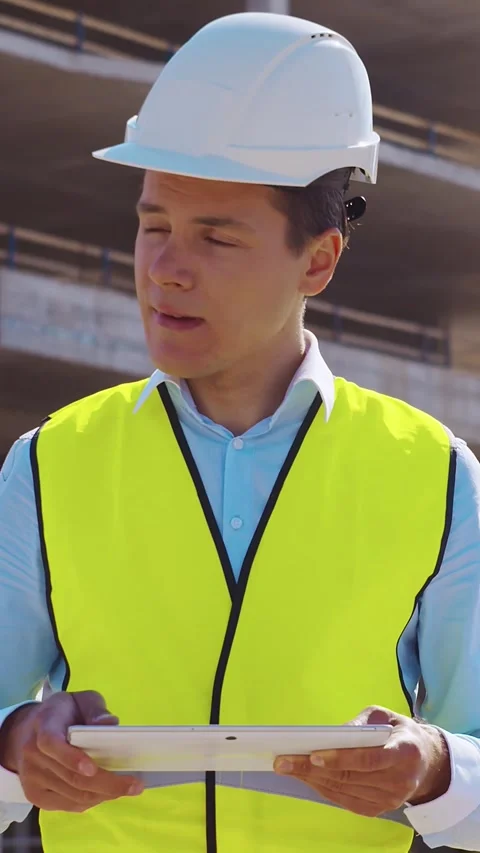 Professional builder standing in front of construction site. Foreman in hardhat Stock Footage 309329988