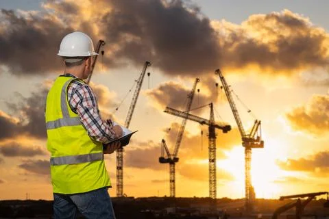 Professional builder standing with a notebook in front of the construction site Stock Photos