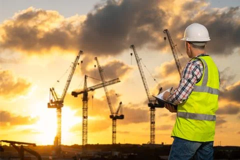 Professional builder standing with a notebook in front of the construction site Stock Photos