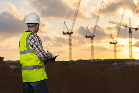 Professional builder standing with a notebook in front of the construction site Stock Photos