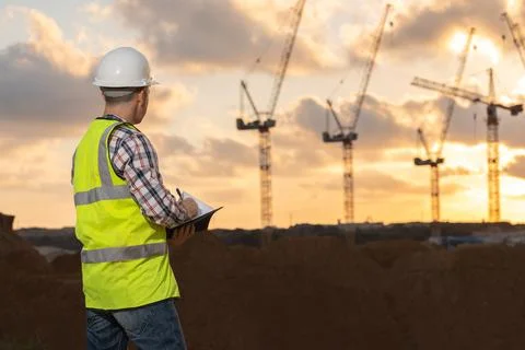 Professional builder standing with a notebook in front of the construction site Stock Photos