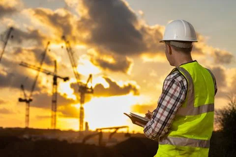 Professional builder standing with a notebook in front of the construction site Stock Photos