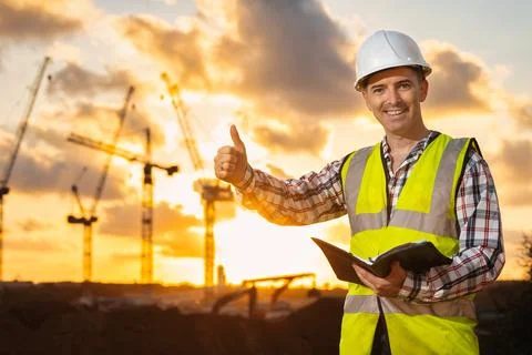 Professional builder standing with a notebook in front of the construction site Stock Photos