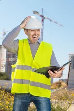Professional builder standing with notebook in front of the construction site Stock Photos