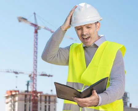 Professional builder standing with notebook in front of the construction site Stock Photos