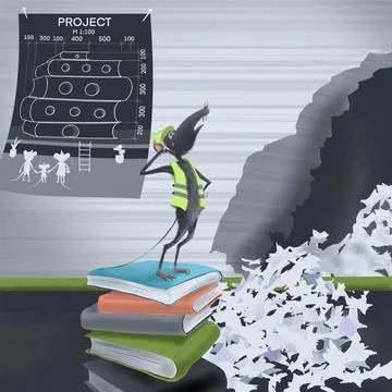 Professional builder in uniform in construction. The rat in the library gnaws Illustrazione stock