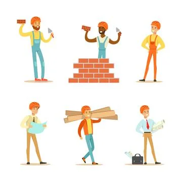 Professional Builders with Tools Set, Construction Workers in Hardhats and 스톡 일러스트