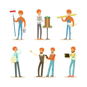 Professional Builders with Tools Set, Construction Workers, Architect, Foreman Stock Illustration