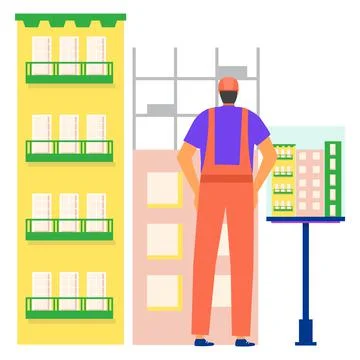Professional building designer engineer standing watch construction site, new Stock Illustration