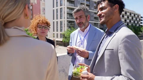 Professional business colleagues discussing work during lunch break Stock Footage 336659672