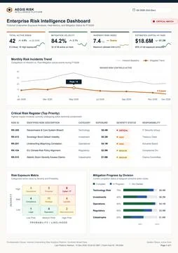 Professional business dashboard featuring risk assessment charts, financial d Stock Illustration