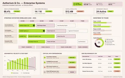 Professional business dashboard vector featuring project swimlanes, financial Stock Illustration
