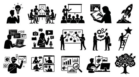 Professional business development and creative workflow silhouette icon Иллюстрация
