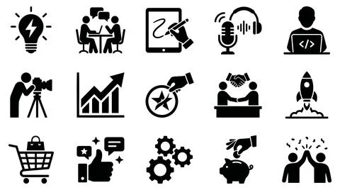 Professional business development and creative workflow vector icon set Иллюстрация