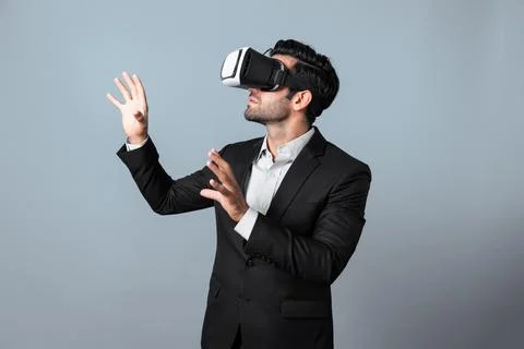 Professional business man looking data analysis by using VR glasses. Deviation. Stock Photos