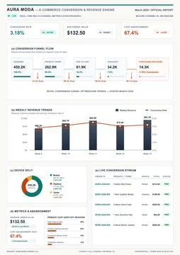 Professional business report featuring conversion funnel flow, weekly revenue Stock Illustration