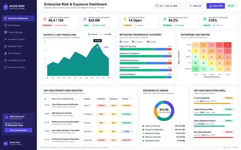 Professional business software interface displaying risk exposure, financial  Illustrazione stock
