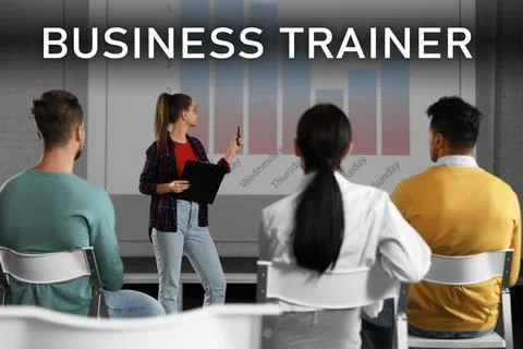 Professional business trainer giving lecture in conference room with projecti Stock Photos