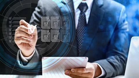 Professional businessman interacts with a digital interface showing documen.. 스톡 사진