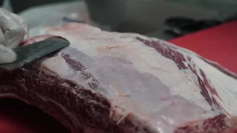 Professional Butcher Trimming Fat from Raw Beef Short Ribs 스톡 동영상 332811694