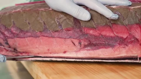 Professional Butcher Trimming Large Premium Raw Beef Loin for Steaks Stockbeeldmateriaal 333600514